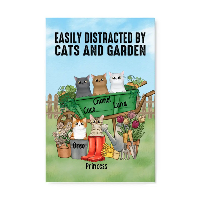 Personalized Canvas, Up to 5 Cats, Easily Distracted By Cats And Garden, Gift For Cat Lovers