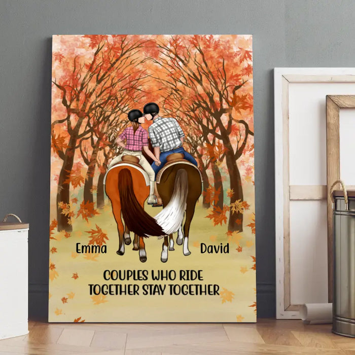 Personalized Canvas, Horseback Riding Couple Holding Hand - Couples Who Ride Together Stay Together, Gift For Horse Lovers