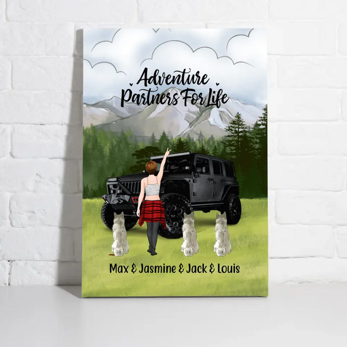 Personalized Canvas, Adventure Girl With Cats And Dogs, Custom Gift For Dogs and Car Lovers