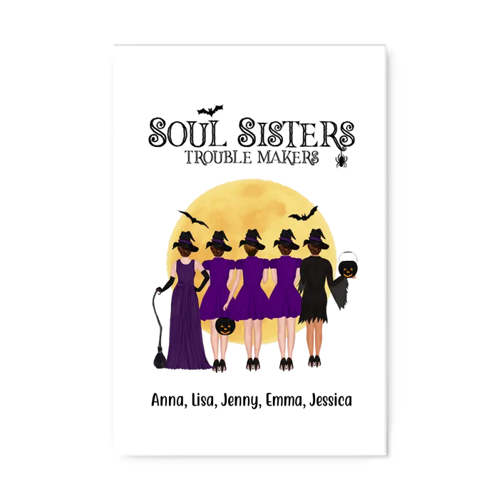 Personalized Canvas, Up To 5 Girls, Soul Sisters Trouble Makers - Halloween Gift, Gift For Sister, Best Friends