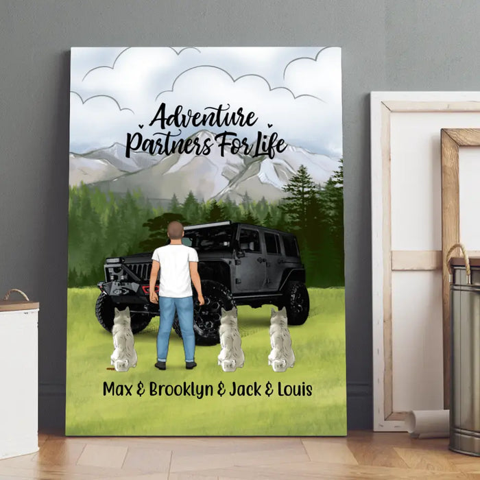 Personalized Canvas, Adventure Man With Cats And Dogs, Custom Gift For Dogs and Car Lovers