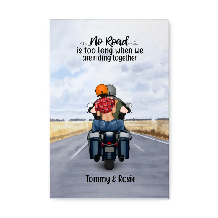 Personalized Canvas, Motorcycle Couple, No Road Is Too Long, Gift For Couple, Biker Couple, Motorcycle Lovers