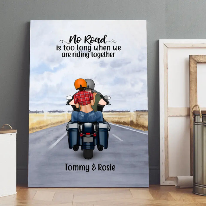 Personalized Canvas, Motorcycle Couple, No Road Is Too Long, Gift For Couple, Biker Couple, Motorcycle Lovers