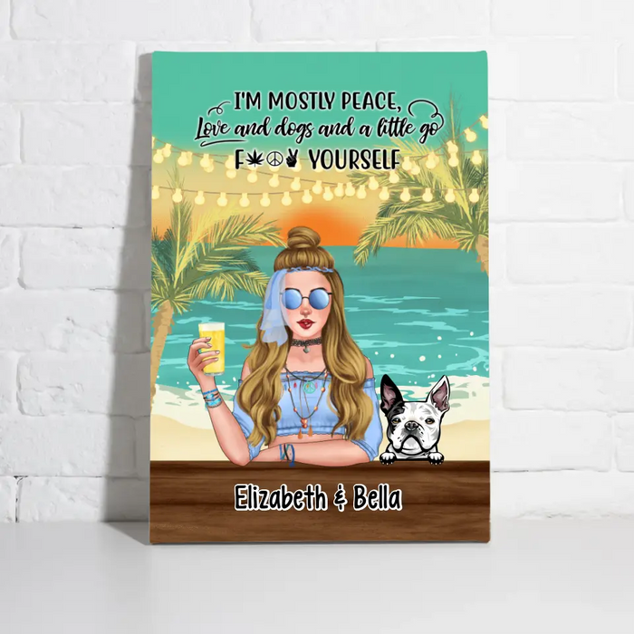 Personalized Canvas/ Poster, Hippie Girl with Dogs On The Beach, Gifts For Hippie and Dog Lovers