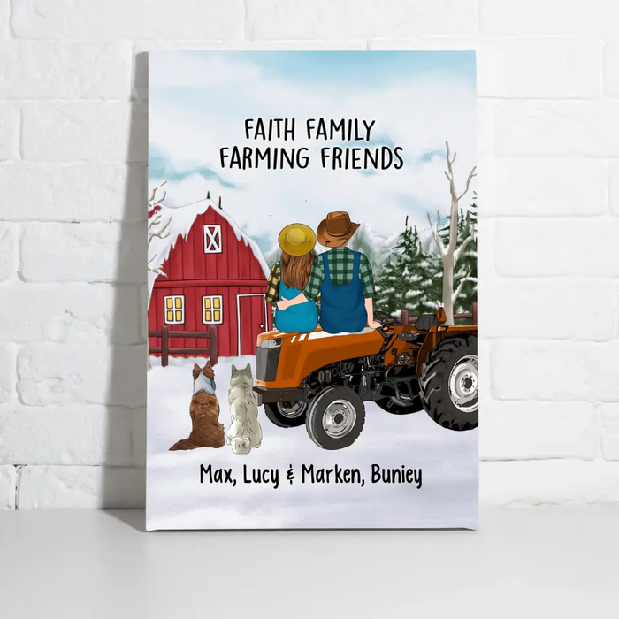 Personalized Canvas/Poster, Farming Couple On Tractor With Dogs, Winter Theme, Gift For Farmers And Dog Lovers