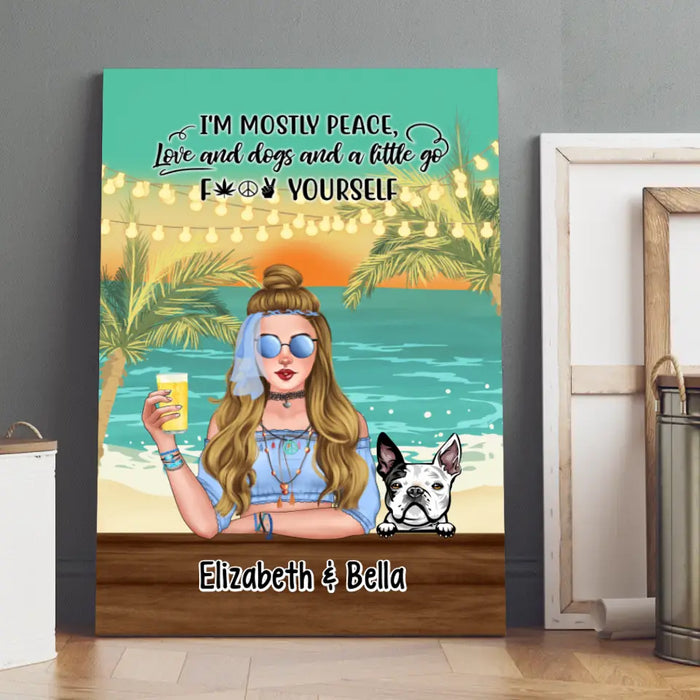 Personalized Canvas/ Poster, Hippie Girl with Dogs On The Beach, Gifts For Hippie and Dog Lovers