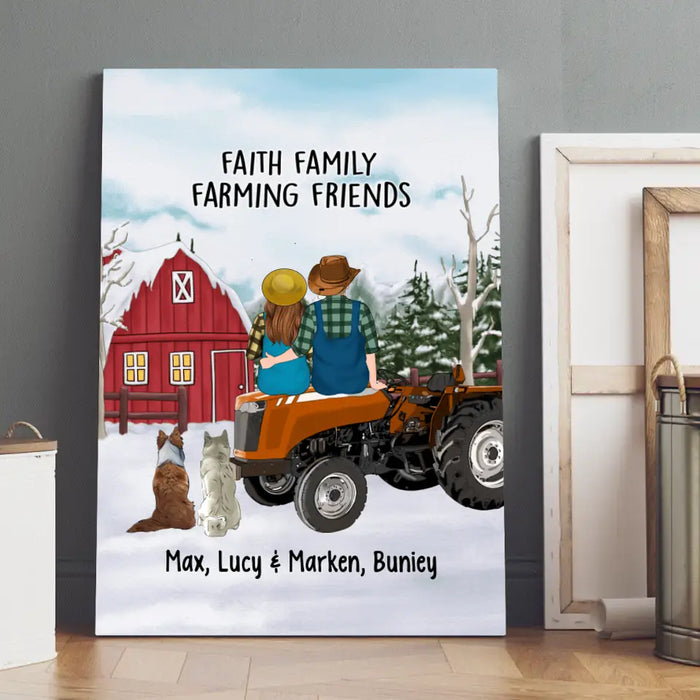 Personalized Canvas/Poster, Farming Couple On Tractor With Dogs, Winter Theme, Gift For Farmers And Dog Lovers