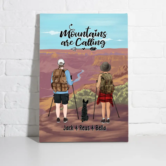 Adventure Awaits Hiking Couple And Dogs - Personalized Canvas For Her, Him, Hiking