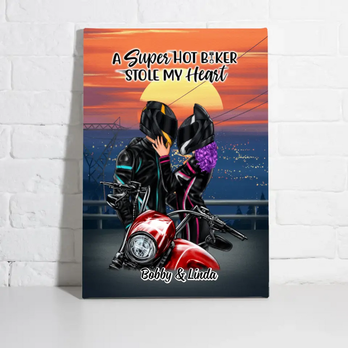 A Super Hot Biker Stole My Heart - Personalized Canvas For Couples, Him, Her, Motorcycle Lovers