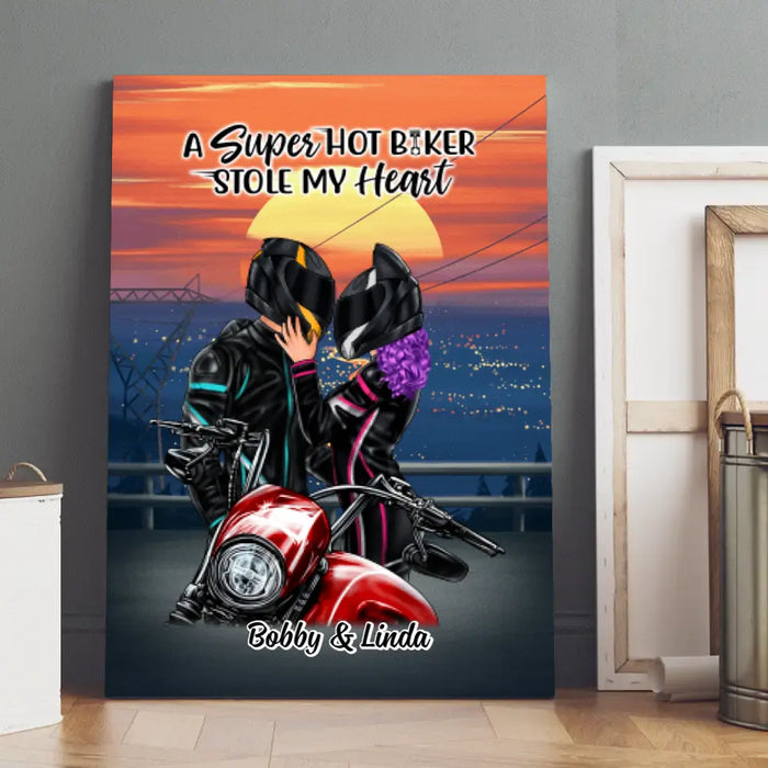 A Super Hot Biker Stole My Heart - Personalized Canvas For Couples, Him, Her, Motorcycle Lovers