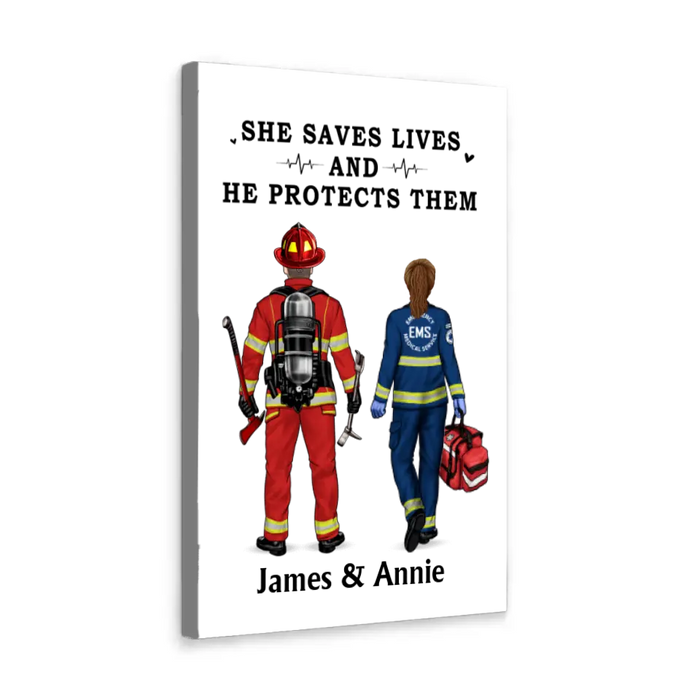 Saving Lives Couple Friends - Personalized Canvas Firefighter, EMS, Police Officer, Military, Nurse