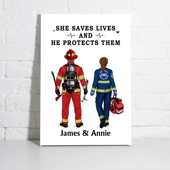 Saving Lives Couple Friends - Personalized Canvas Firefighter, EMS, Police Officer, Military, Nurse