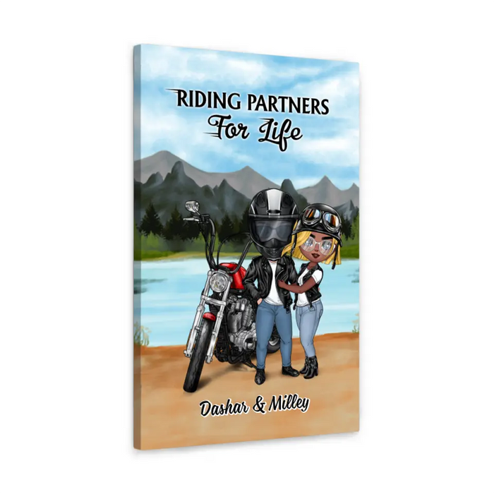 Motorcycle Couple Hugging, Riding Partners - Personalized Canvas For Motorcycle Lovers, Bikers