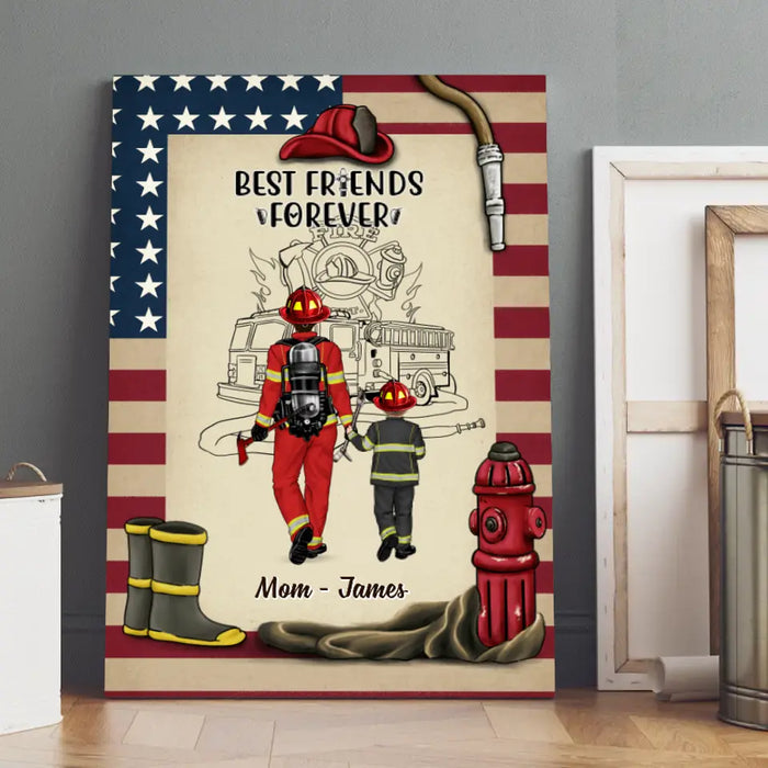 Best Friends Forever Mother & Son Daughter - Personalized Canvas For Firefighter, Fireman