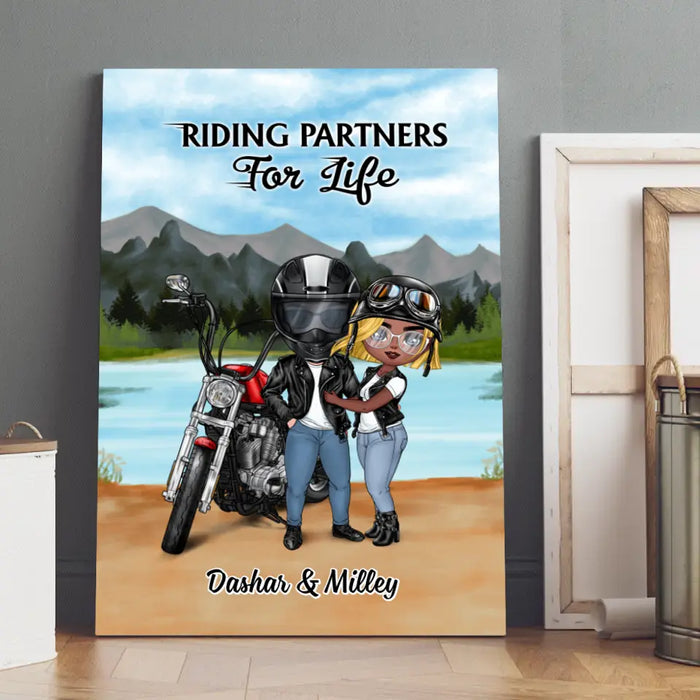 Motorcycle Couple Hugging, Riding Partners - Personalized Canvas For Motorcycle Lovers, Bikers