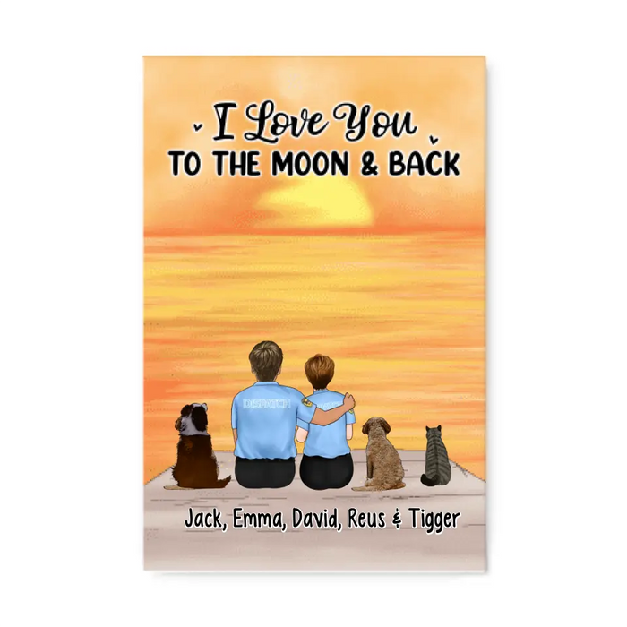 I Love You to the Moon and Back, Couple with Dog/Cat - Personalized Gifts Custom Canvas for Couples, Nurse Gifts, Police Officer Gifts