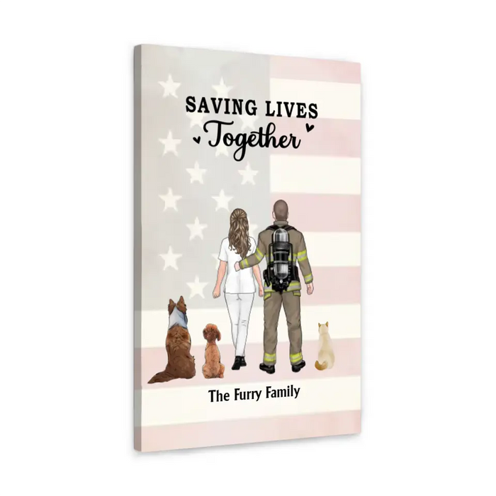 Saving Lives Together - Personalized Gifts Custom Dog Canvas For Firefighter Nurse Police EMS Couples, Dog Lovers