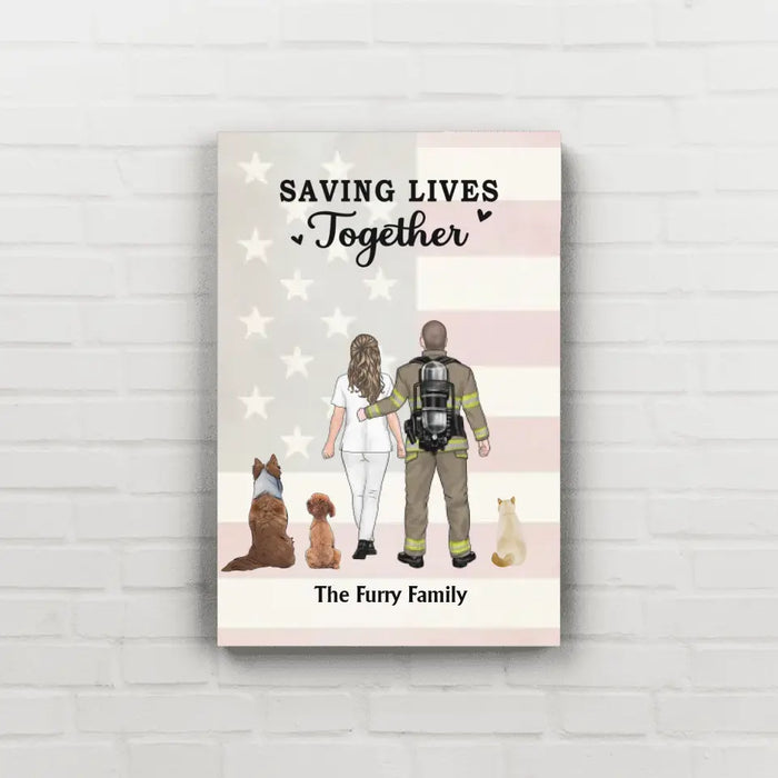 Saving Lives Together - Personalized Gifts Custom Dog Canvas For Firefighter Nurse Police EMS Couples, Dog Lovers