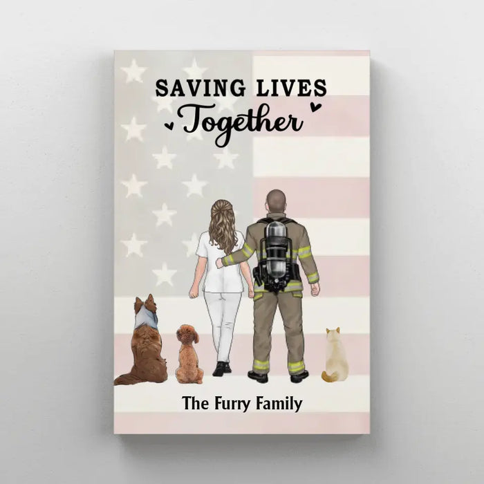 Saving Lives Together - Personalized Gifts Custom Dog Canvas For Firefighter Nurse Police EMS Couples, Dog Lovers