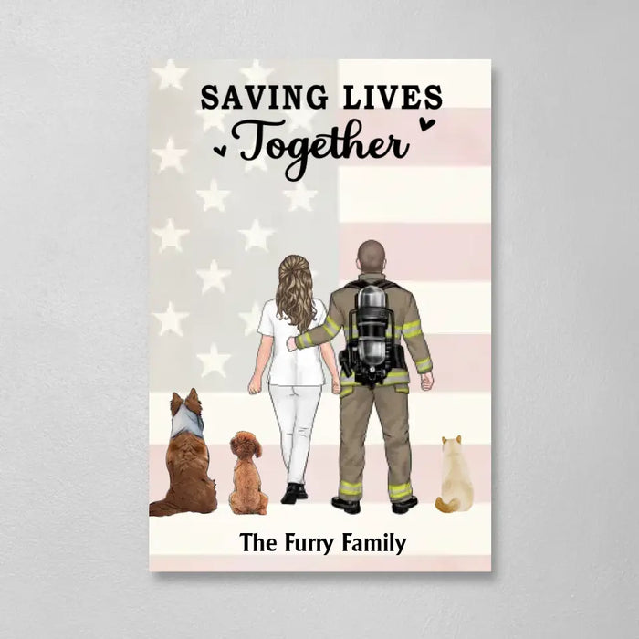 Saving Lives Together - Personalized Gifts Custom Dog Canvas For Firefighter Nurse Police EMS Couples, Dog Lovers