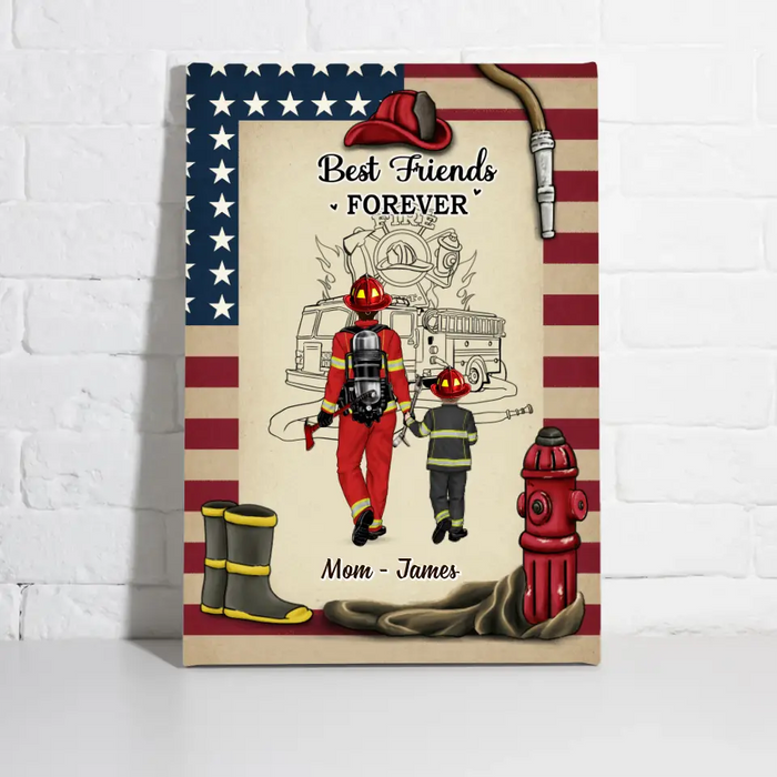 Best Friend Forever - Mother's Day Personalized Gifts - Custom Firefighter Canvas for Family - Firefighter Gifts