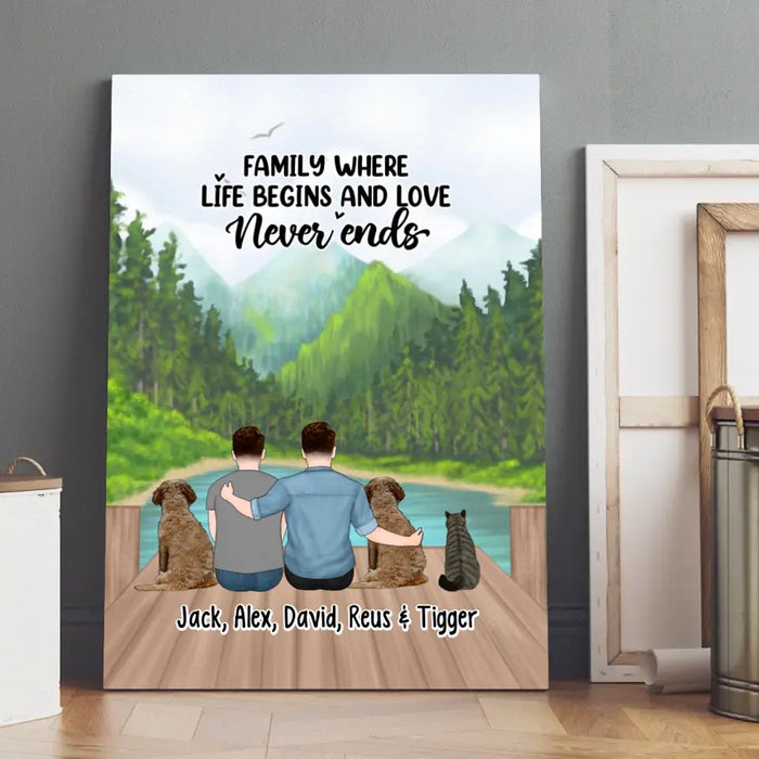 Family Where Life Begins And Love Never Ends - Personalized Gifts Custom Dog Canvas for Couples, Two Men With Dogs Cats