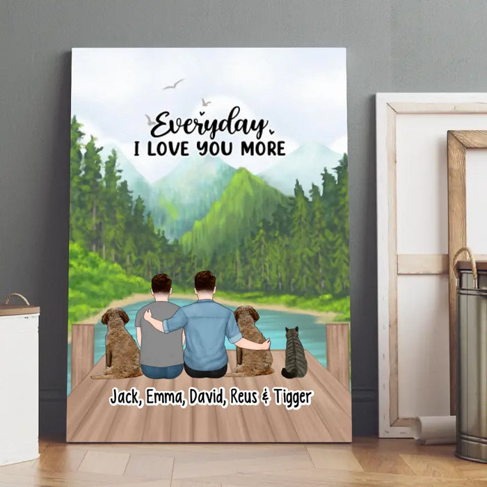 Family Where Life Begins And Love Never Ends - Personalized Gifts Custom Dog Canvas for Couples, Two Men With Dogs Cats