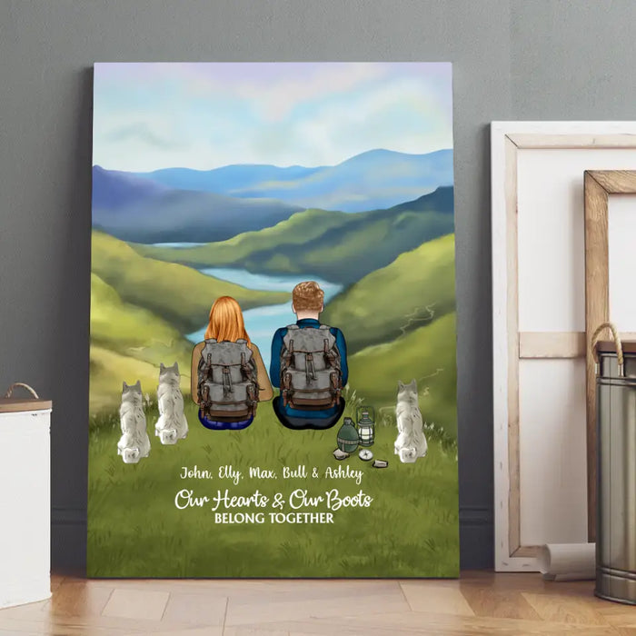 Our Hearts and Our Boots Belong Together - Personalized Gifts Custom Hiking Canvas for Couples, Gift For Hiking Lovers, Dog Lovers
