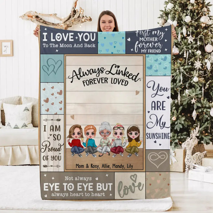 Always Linked  Forever Loved - Personalized Gifts Custom Mother & Daughter Chibi Blanket For Mom, Mother's Day Gift