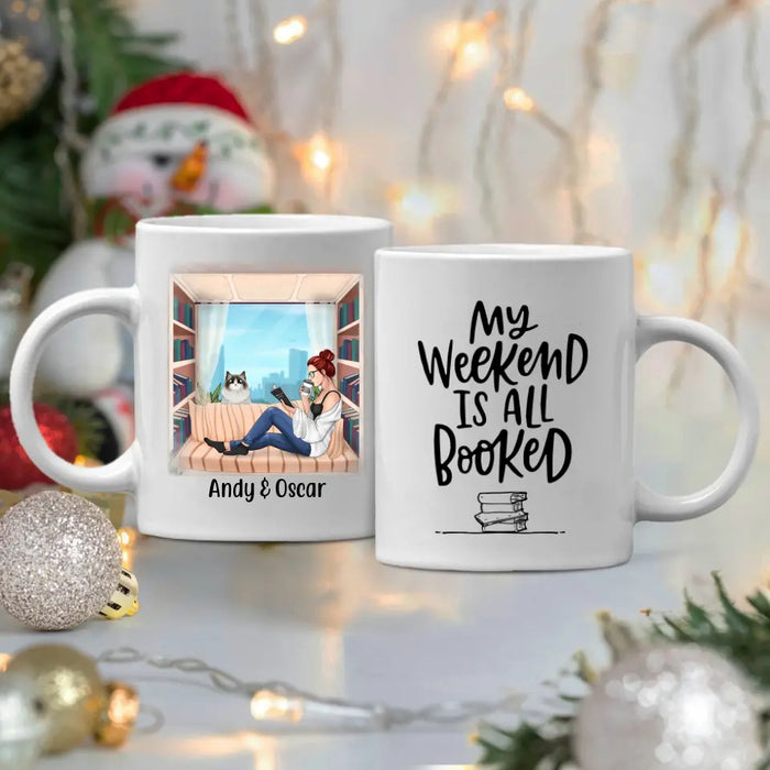 Personalized Mug, Woman Reading Book With Pet Custom Gift For Cat Dog Lovers