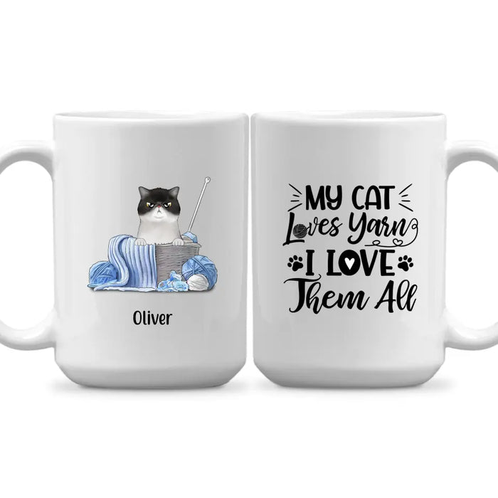 Personalized Mug, Cat and Yarn, Gift for Knitters, Crocheters & Cat Lovers