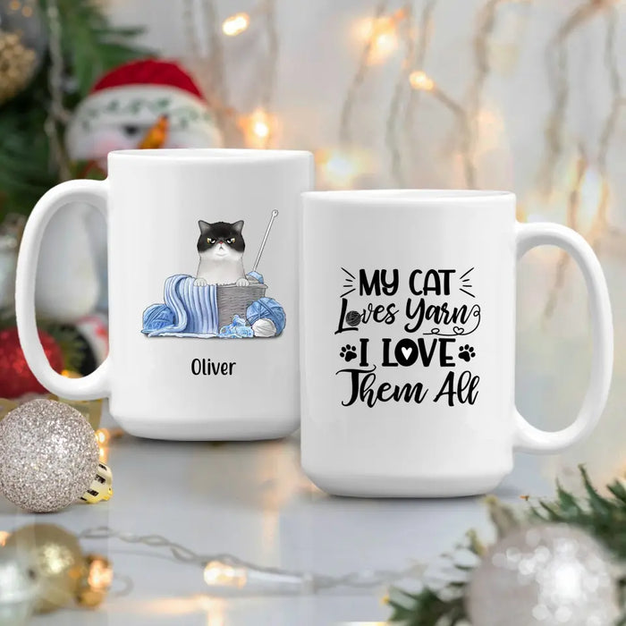 Personalized Mug, Cat and Yarn, Gift for Knitters, Crocheters & Cat Lovers