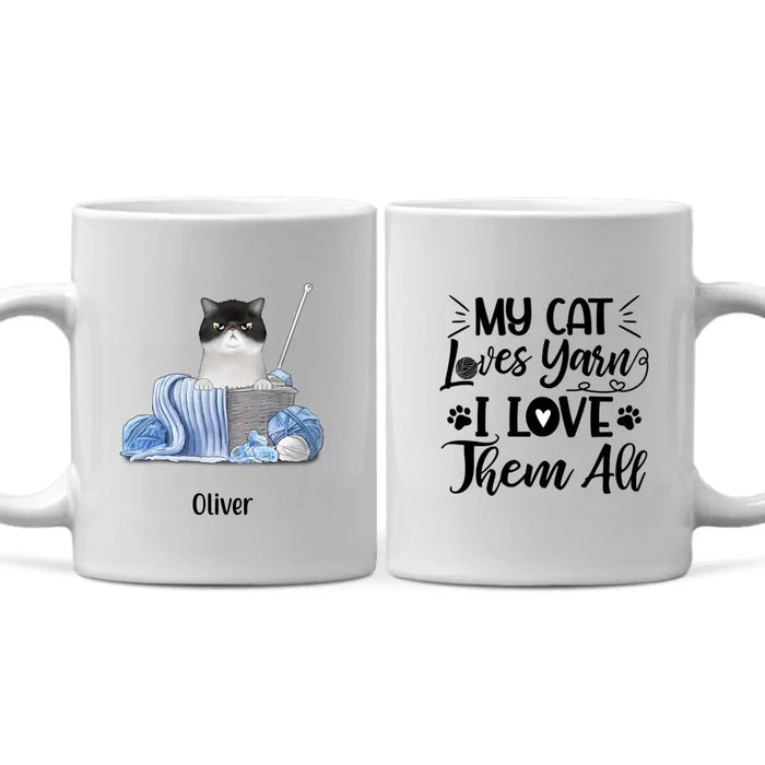 Personalized Mug, Cat and Yarn, Gift for Knitters, Crocheters & Cat Lovers