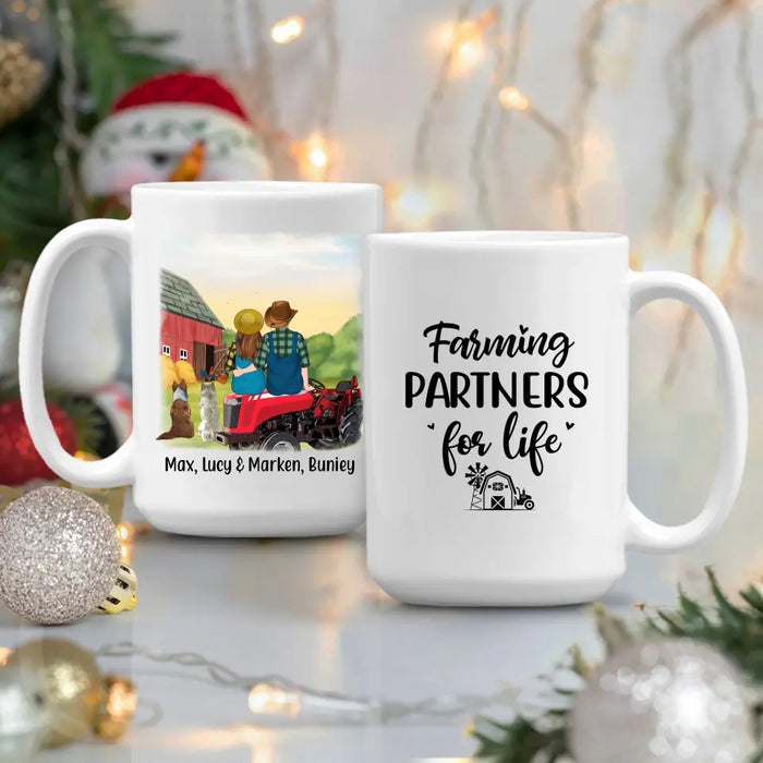 Personalized Mug, Farming Couple On Tractor With Dogs, Gift For Farmers, Gift For Dog Lovers