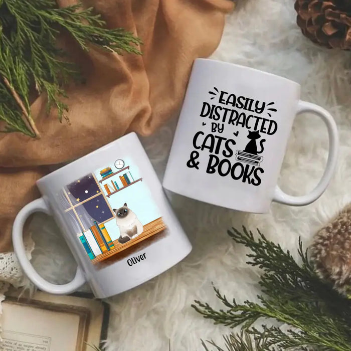 Easily Distracted by Cats and Books - Personalized Gifts Custom Book Mug for Cat Mom, Book Lovers