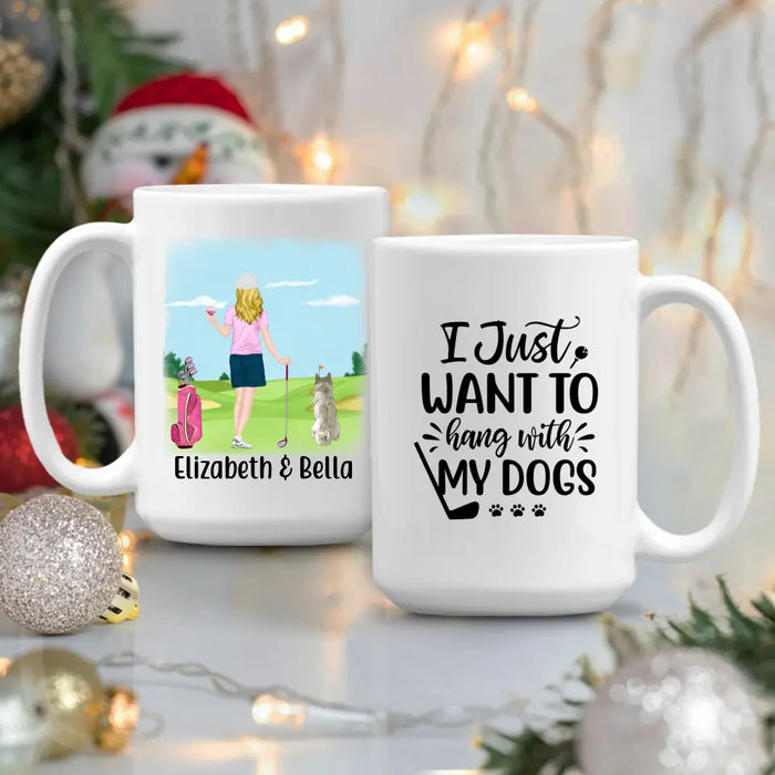 Personalized Mug, Golf Drink Woman with Dogs Gift For Golf and Dog Lovers