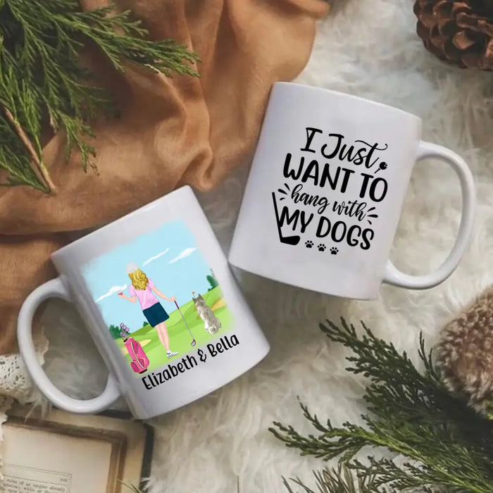 Personalized Mug, Golf Drink Woman with Dogs Gift For Golf and Dog Lovers