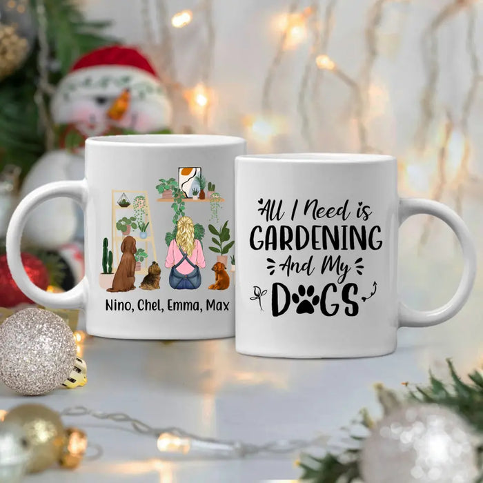 Personalized Mug, A Girl Gardening With Dogs, Gift For Gardeners, Dog Lovers