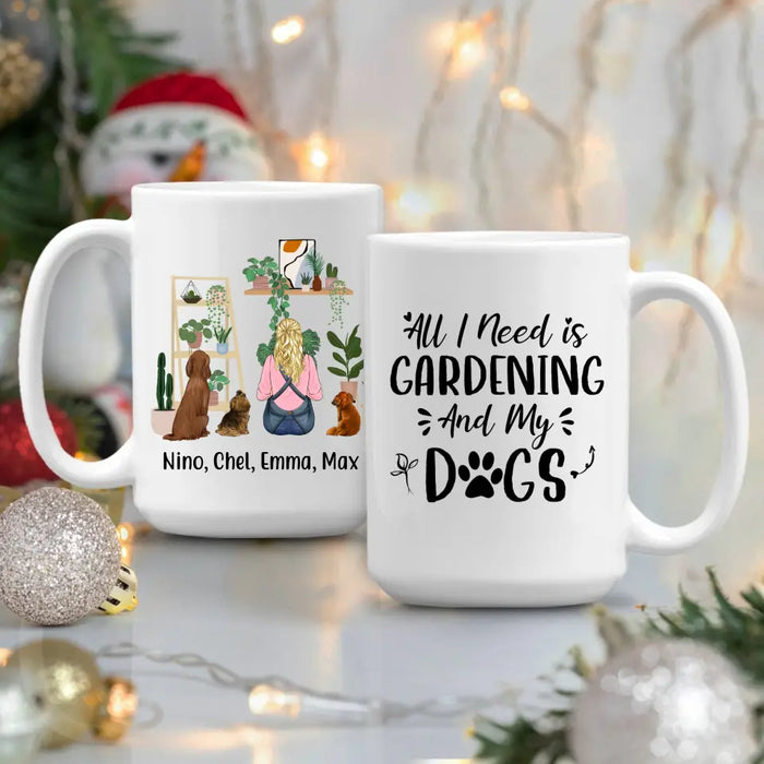 Personalized Mug, A Girl Gardening With Dogs, Gift For Gardeners, Dog Lovers