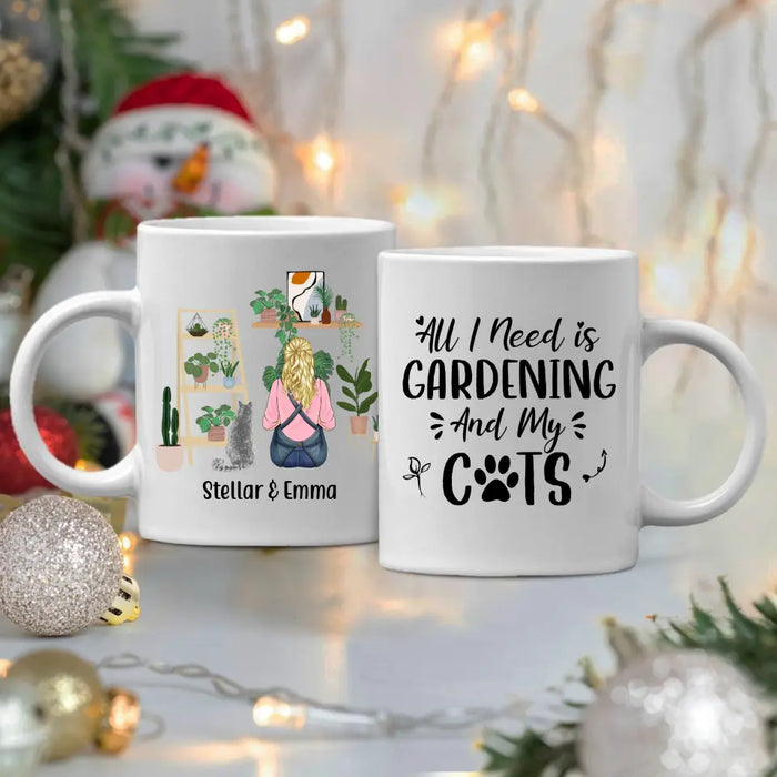 Personalized Mug, A Girl Gardening With Cats, Gift For Gardeners And Cat Lovers