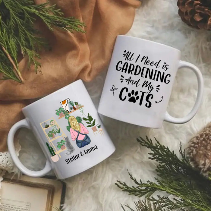 Personalized Mug, A Girl Gardening With Cats, Gift For Gardeners And Cat Lovers