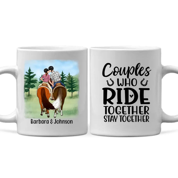 Personalized Mug, Horseback Riding Couple Holding Hand - Couples Who Ride Together Stay Together, Gift For Horse Lovers