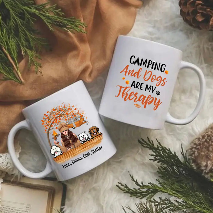 Personalized Mug, Camping And Dogs Are My Therapy - Fall Season Gift, Gift For Campers And Dog Lovers