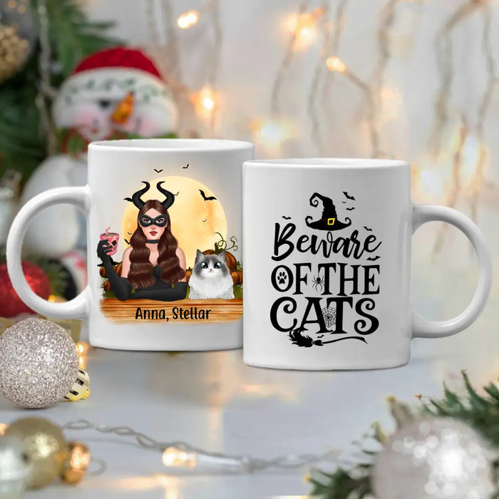 Personalized Mug, Up to 3 Cats, Witch And Cats - Halloween Gift, Gift For Cat Lovers