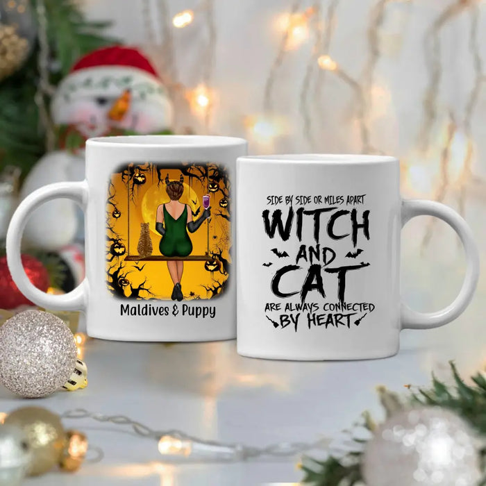 Witch and Cat Are Always Connected by Heart - Halloween Personalized Gifts Custom Cat Mug for Cat Mom, Cat Lovers
