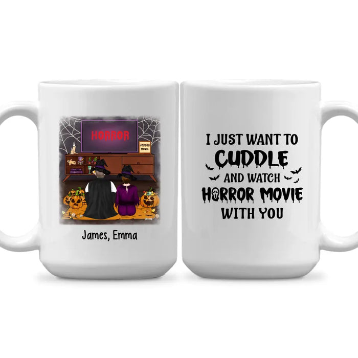 Personalized Mug, Cuddle And Watch Horror Movies Couple, Gifts For Halloween, Gifts For Couple