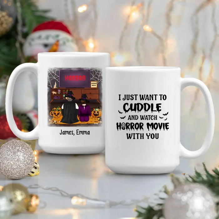 Personalized Mug, Cuddle And Watch Horror Movies Couple, Gifts For Halloween, Gifts For Couple