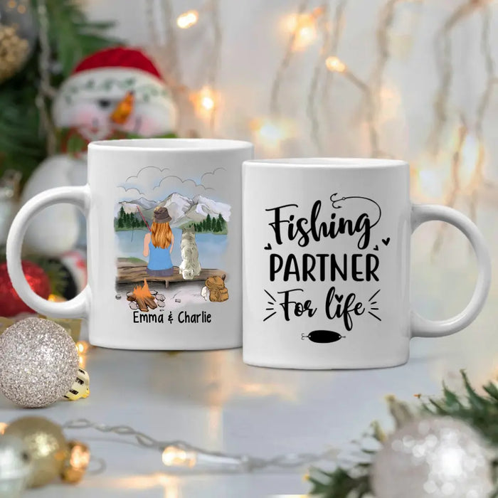 Personalized Mug, Fishing Woman With Dogs, Gift For Fishers And Dog Lovers