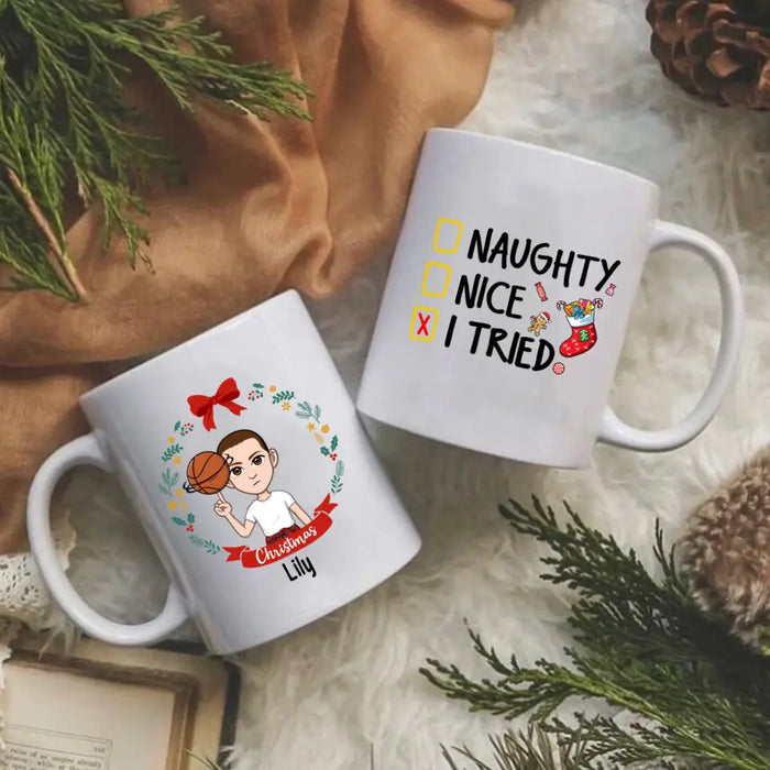 Personalized Mug, Naughty Nice I Tried, Christmas Kid With Wreath, Christmas Gift For Kids, Grandsons And Granddaughters
