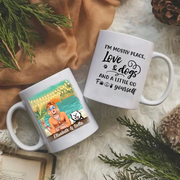 Personalized Mug, Hippie Girl with Dogs On The Beach, Gifts For Hippie and Dog Lovers